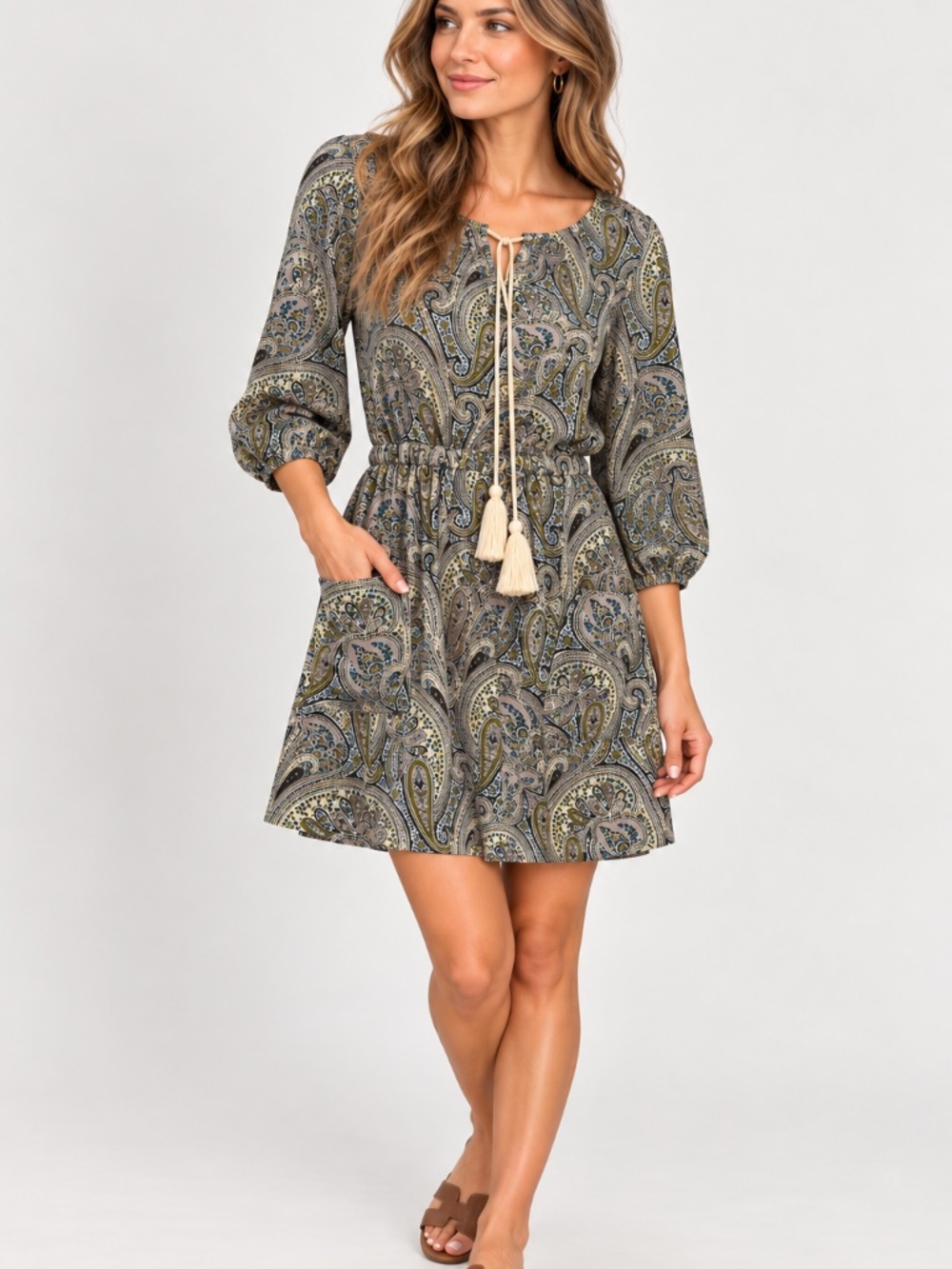 Caramela Paisley Mini Dress Boho A-Line Tassle olive green, teal blue, tan Small